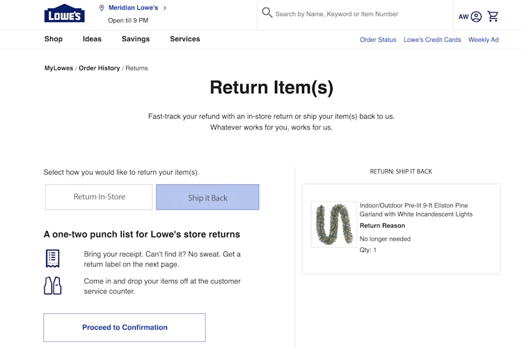 Lowes return screenshot