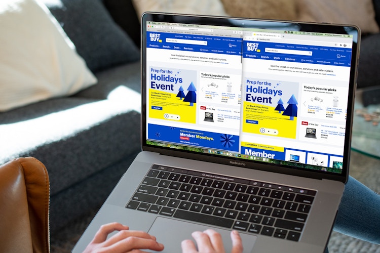 Two web web browsers open to BestBuy.com on a laptop computer