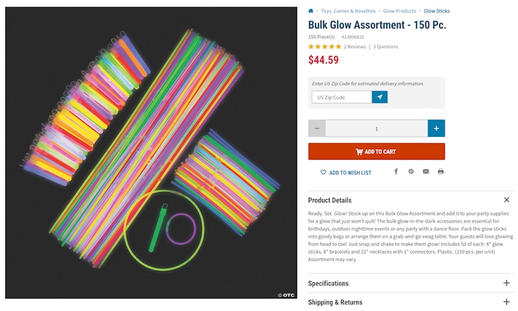 Screenshot of glows sticks on the Oriental Trading Website