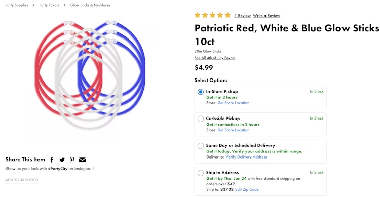 Screenshot of glows sticks on the Party City website