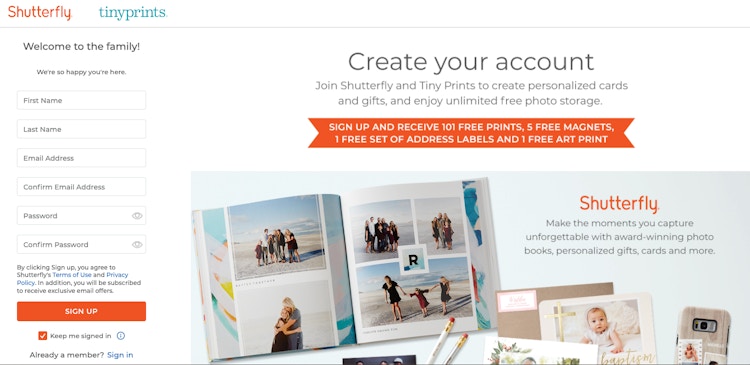 create an account on shutterfly