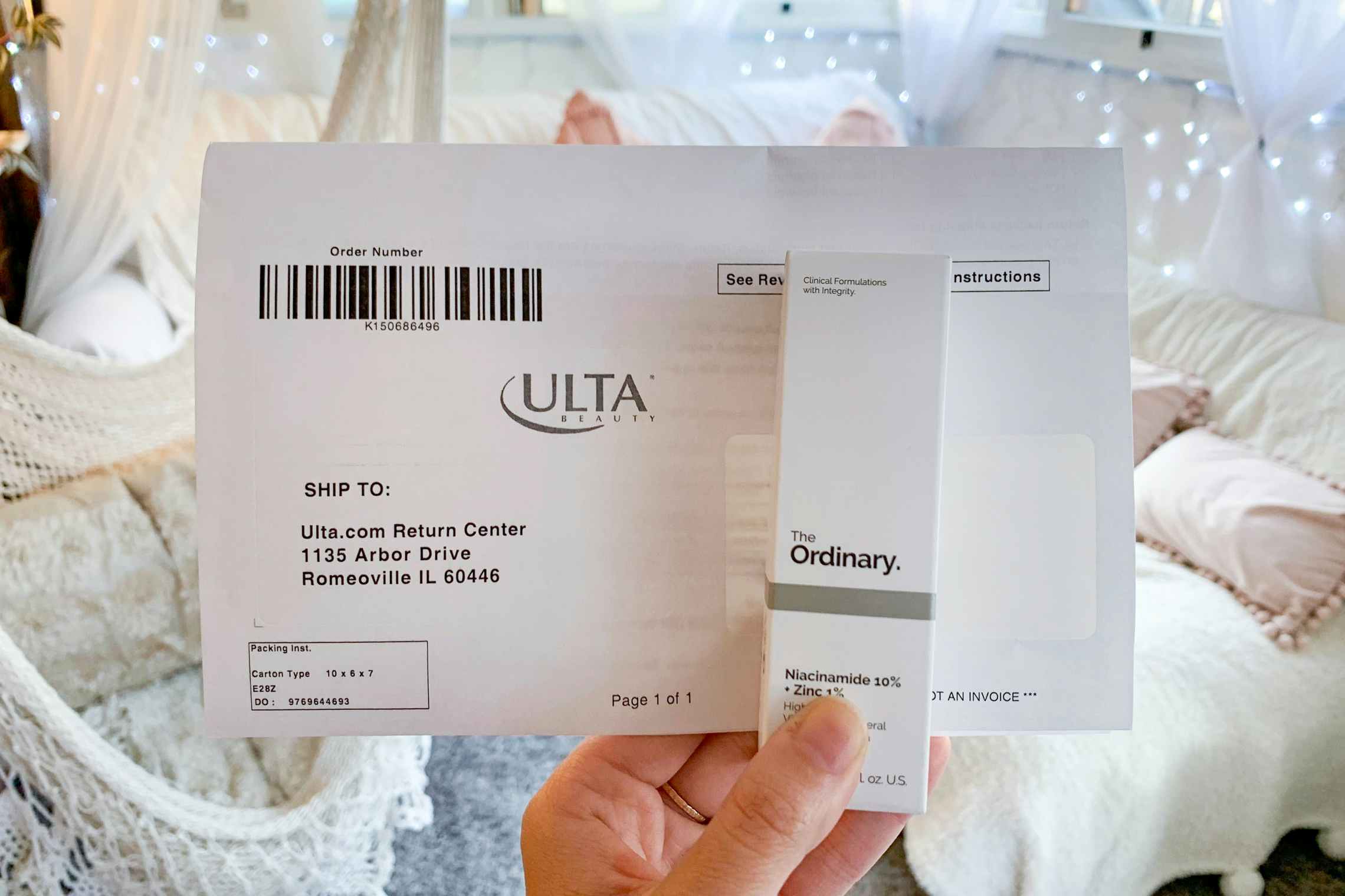The ordinary skin care product and an online Ulta order receipt.