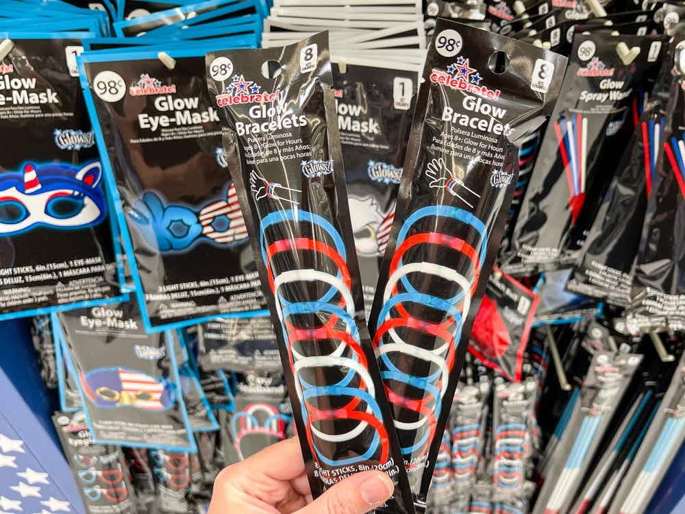 red, white, and, blue glow sticks packages at Walmart