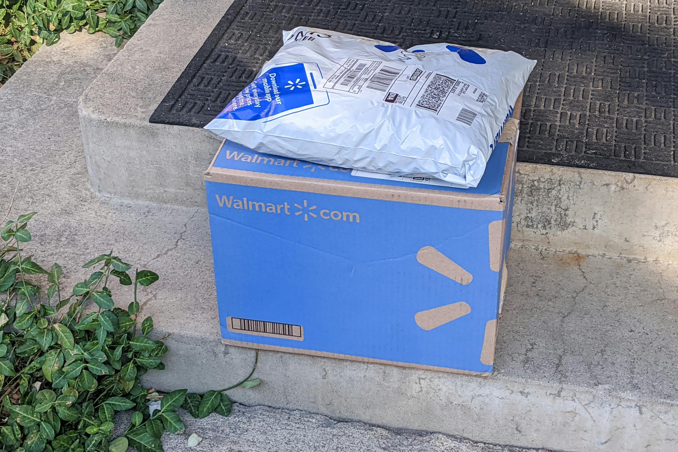 Walmart online order packages on a doorstep.