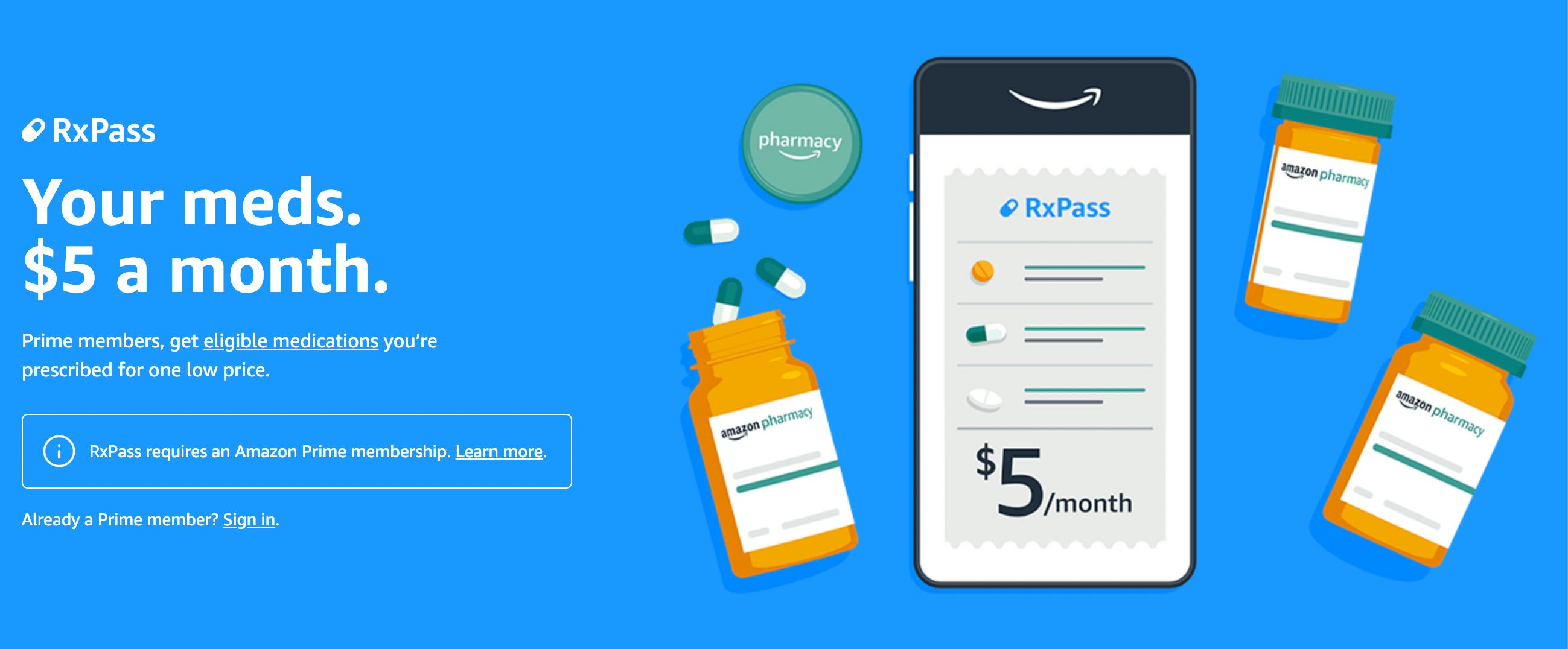 Official graphic explaining Amazon RxPass on Amazon Pharmacy's website.