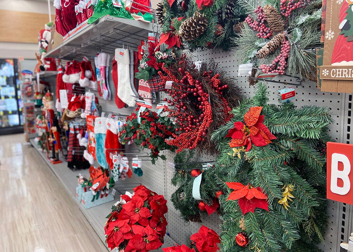 christmas decorations on display