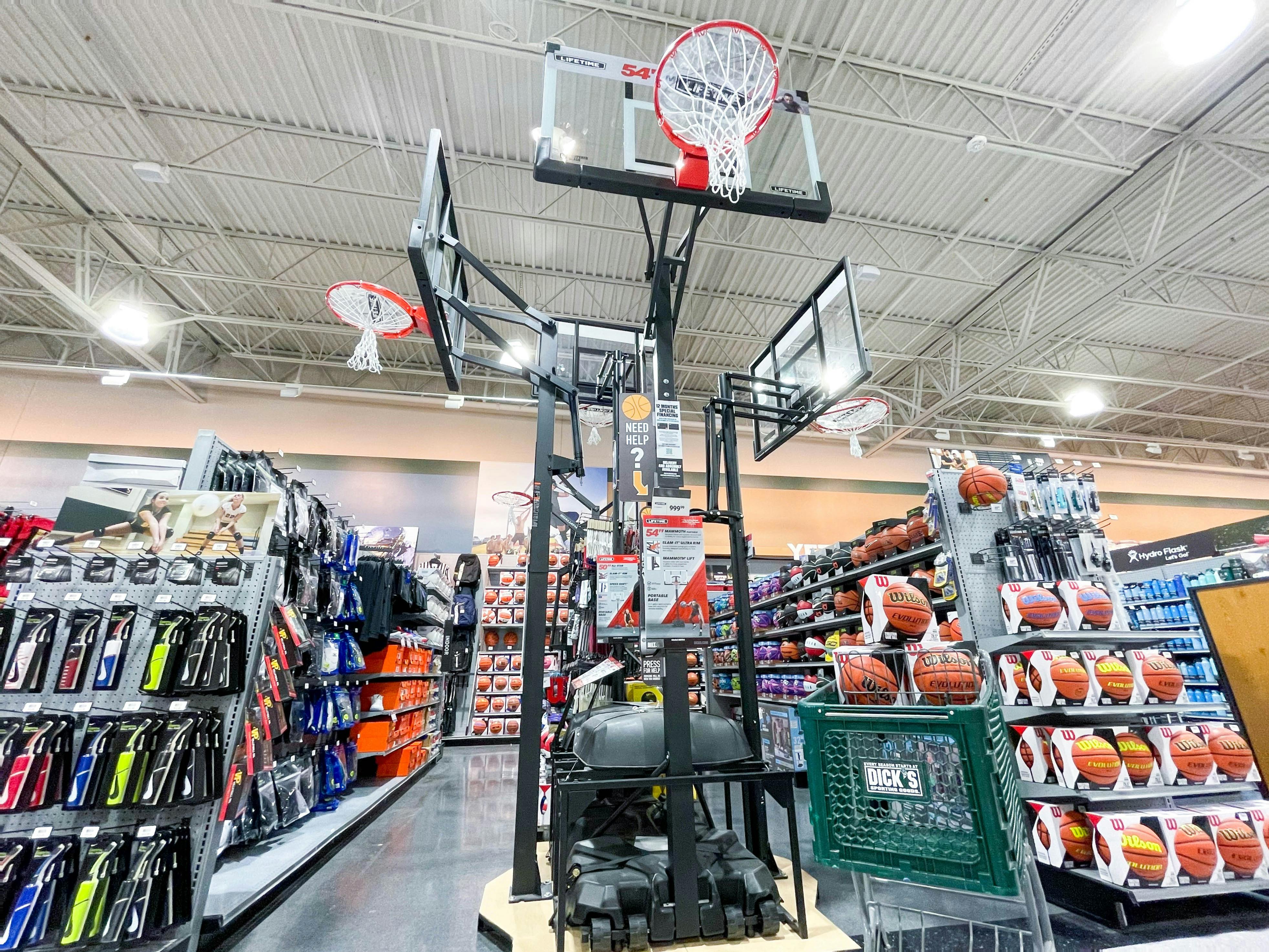 basketball hoops on display in dicks sporting goods
