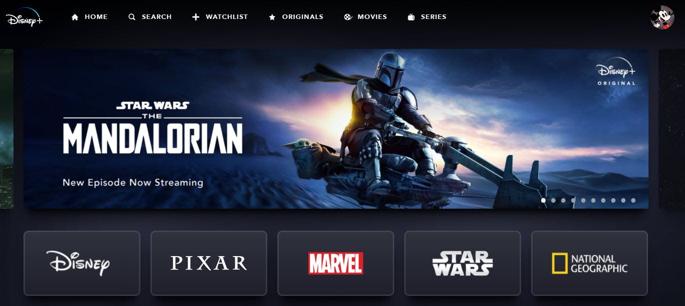 Disney+ website screenshot with the Mandalorian.