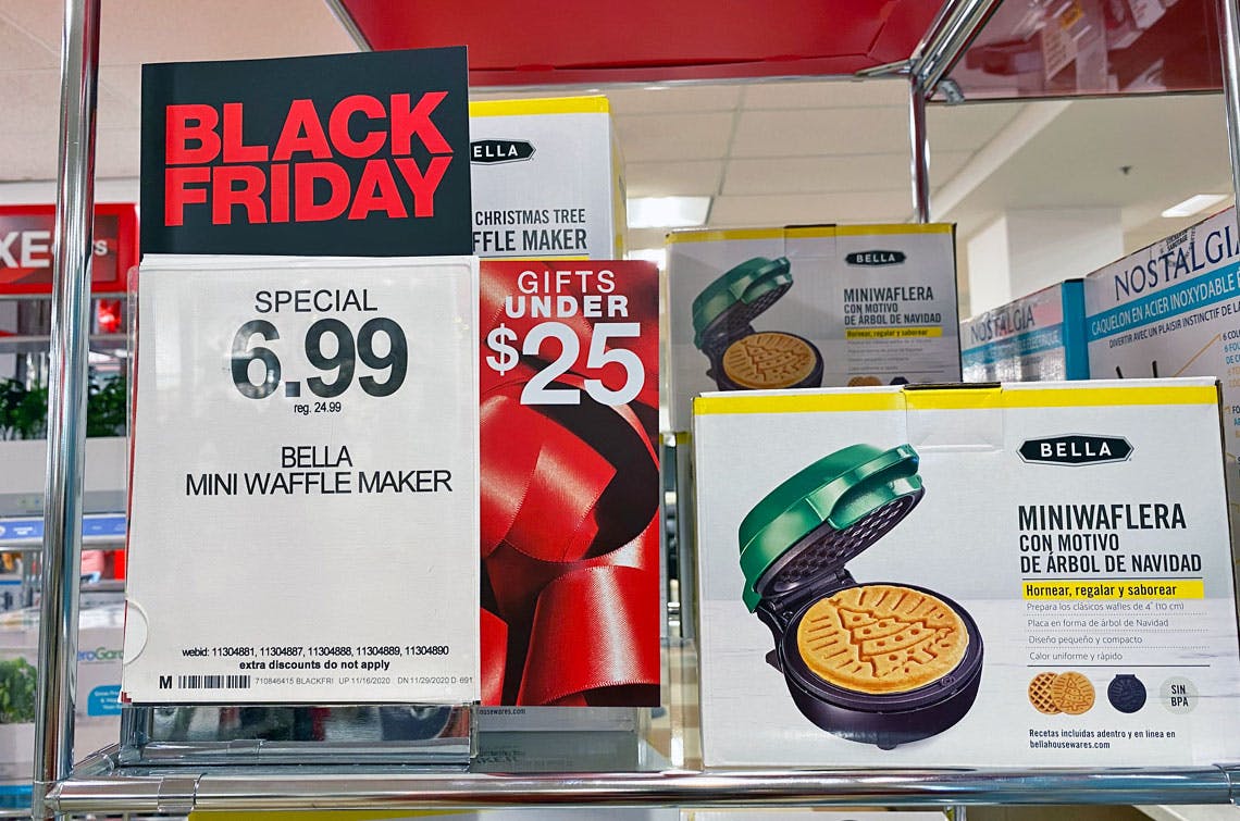 Bella mini waffle Irons on a shelf next to a Black Friday Special sign.