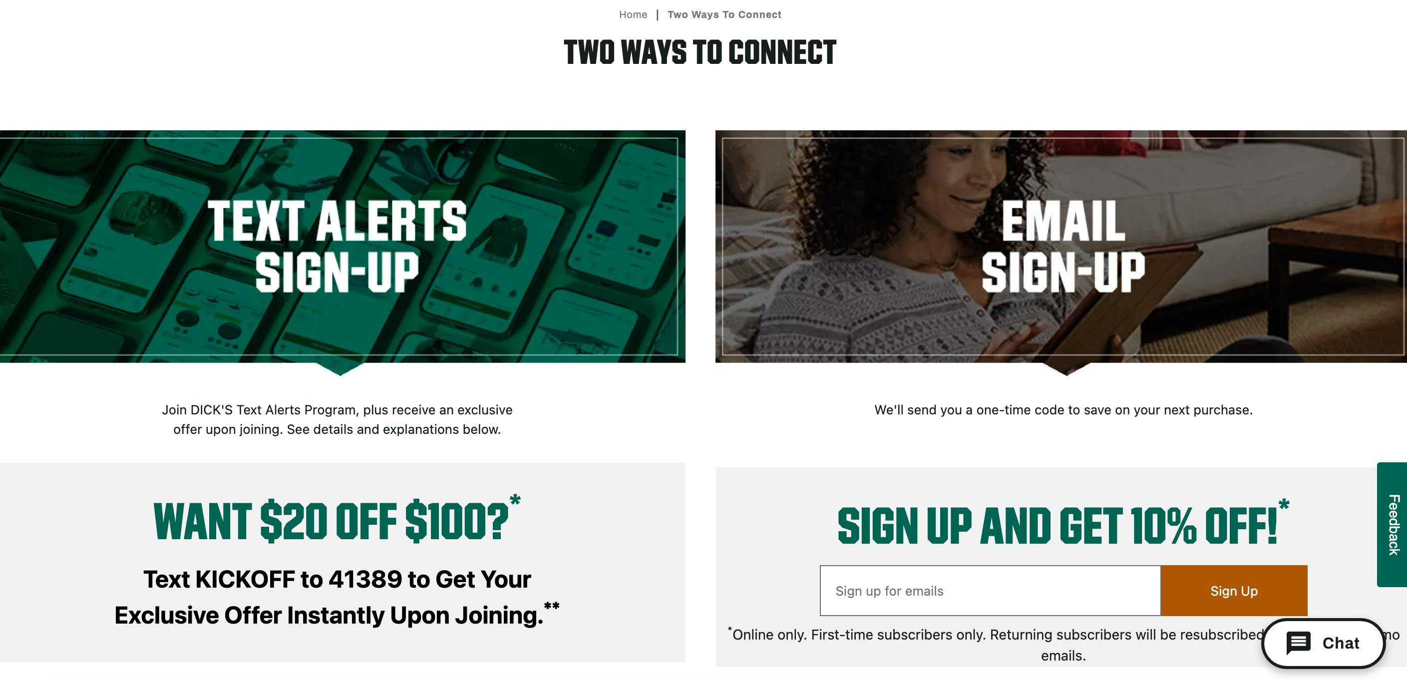 Dick's Sporting Goods text alerts and email sign-up form.