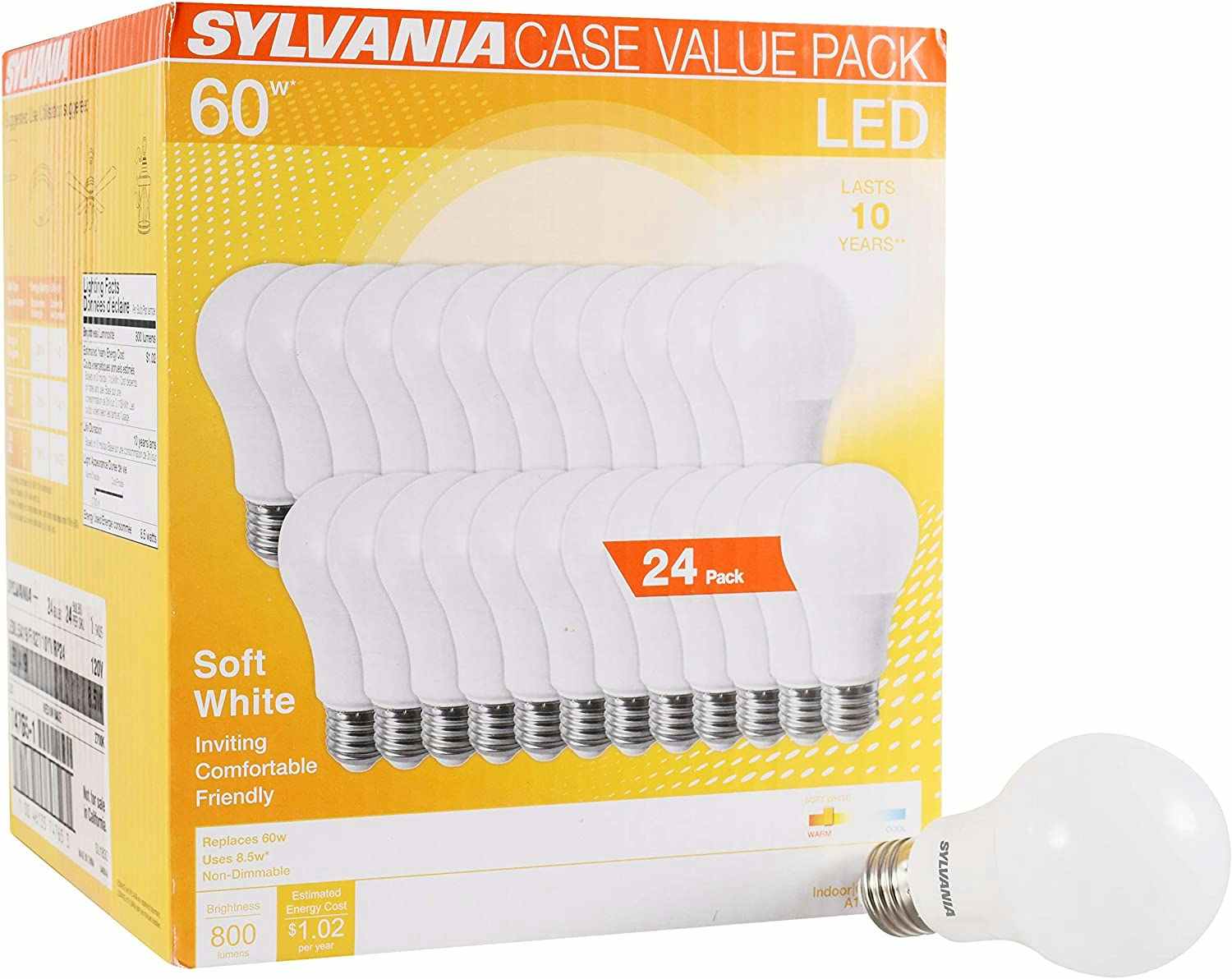 A box of 24 Sylvania light bulbs, with one light bulb placed in front of the box