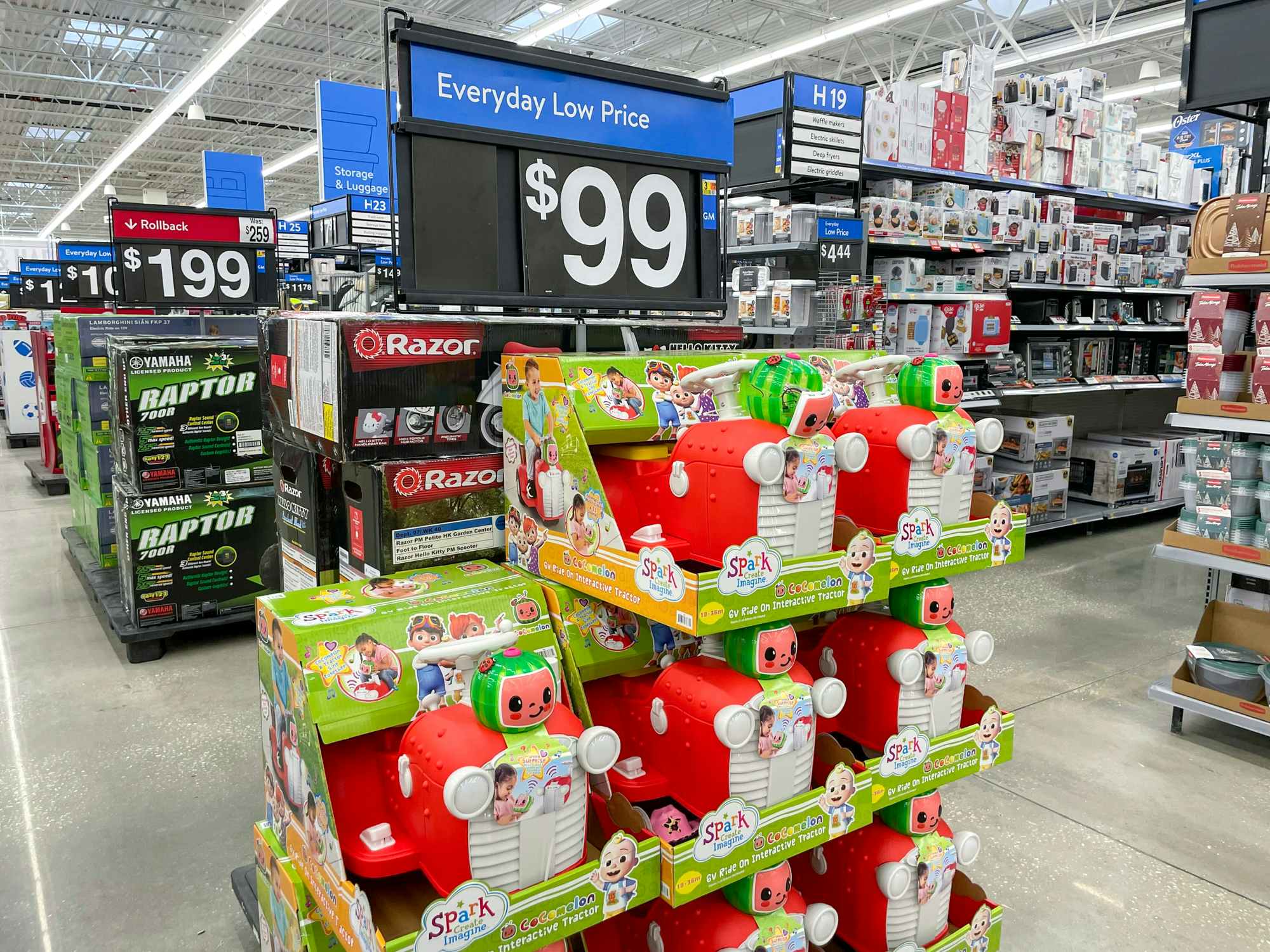 a display of ride-on toys for $99 at Walmart