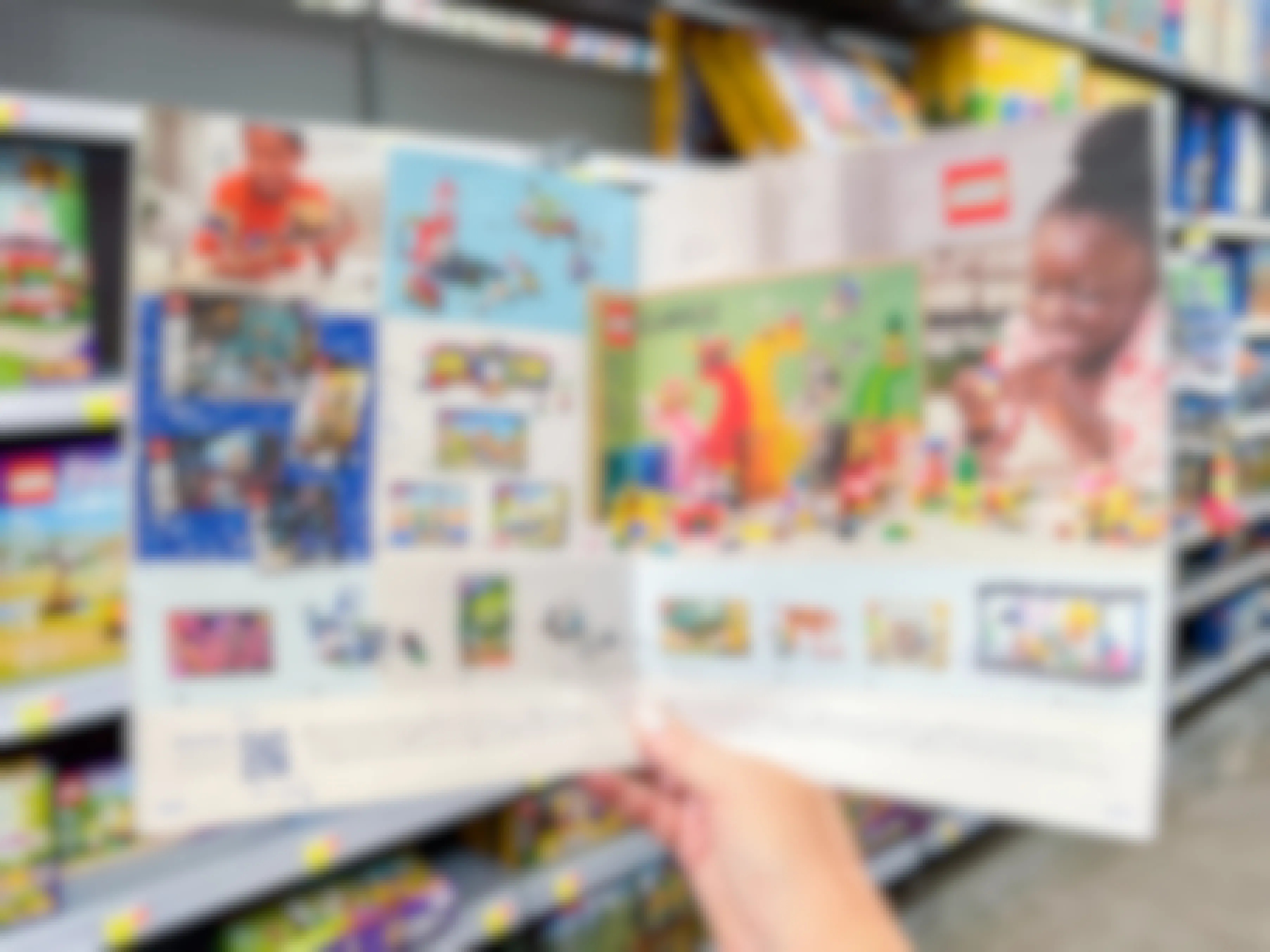 A person holding up a Walmart 2022 Toy Catalog showing a page on the inside