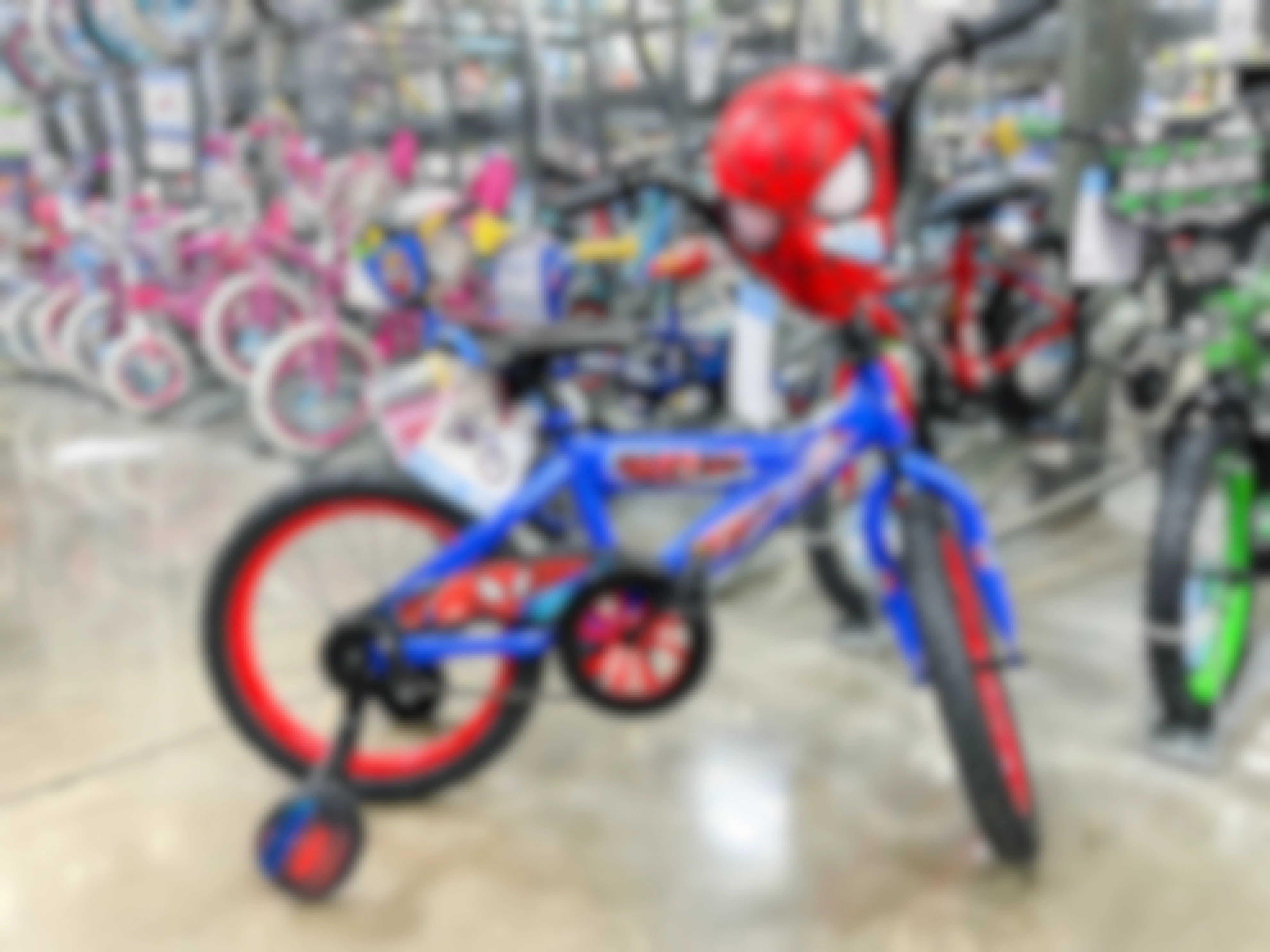 A Spiderman kids bike in the kids' bike section at Walmart