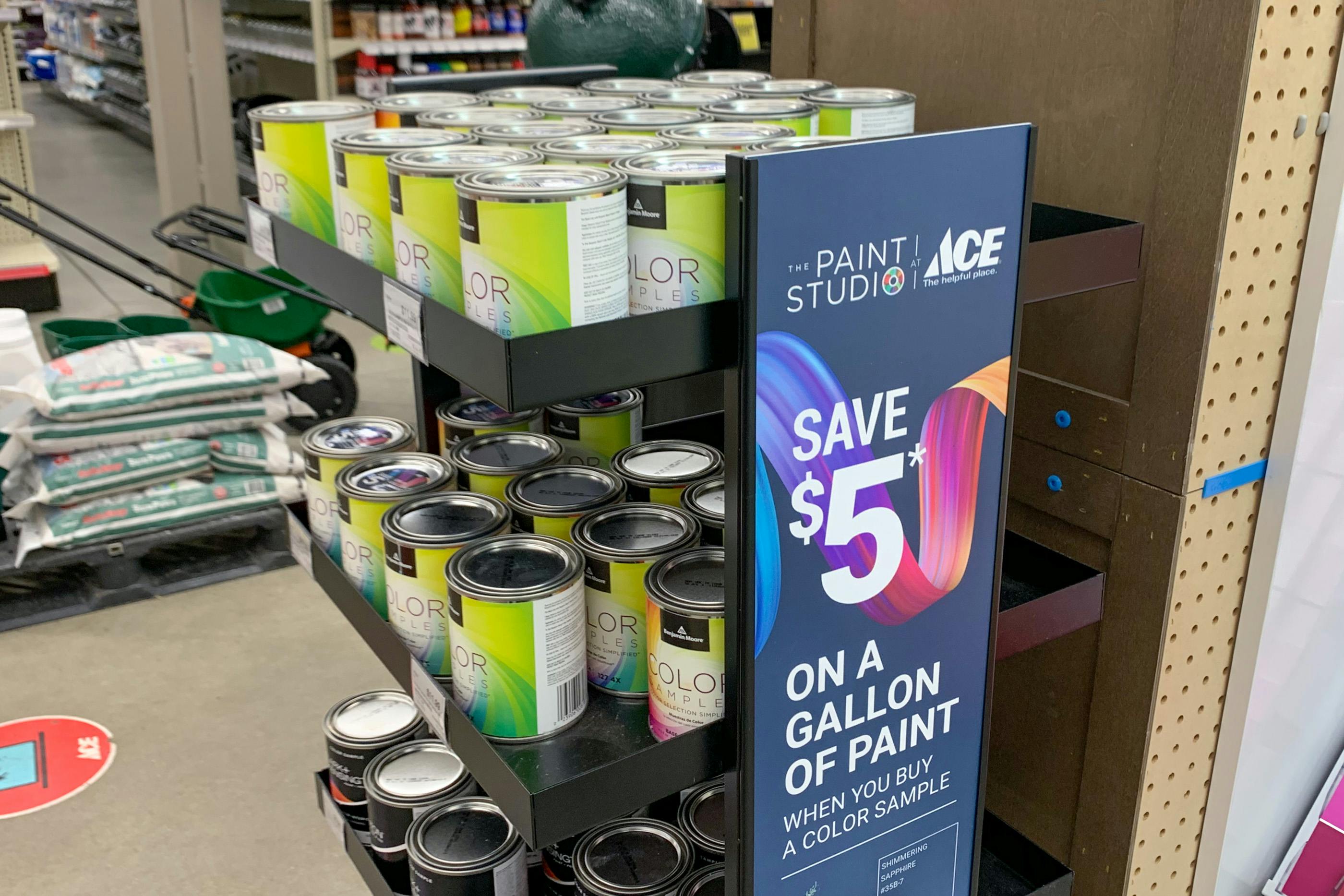 ace hardware sample paint section with an offer of $5 off a gallon of paint when you buy a sample