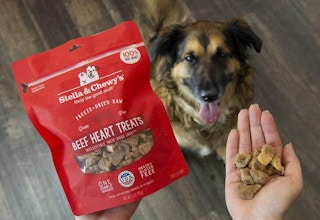 A person holding a bag of Stella & Chewy's dog treats in one hand and a handful of treats from the bag in the other hand, above a dog that is sitting and looking up toward the treats.