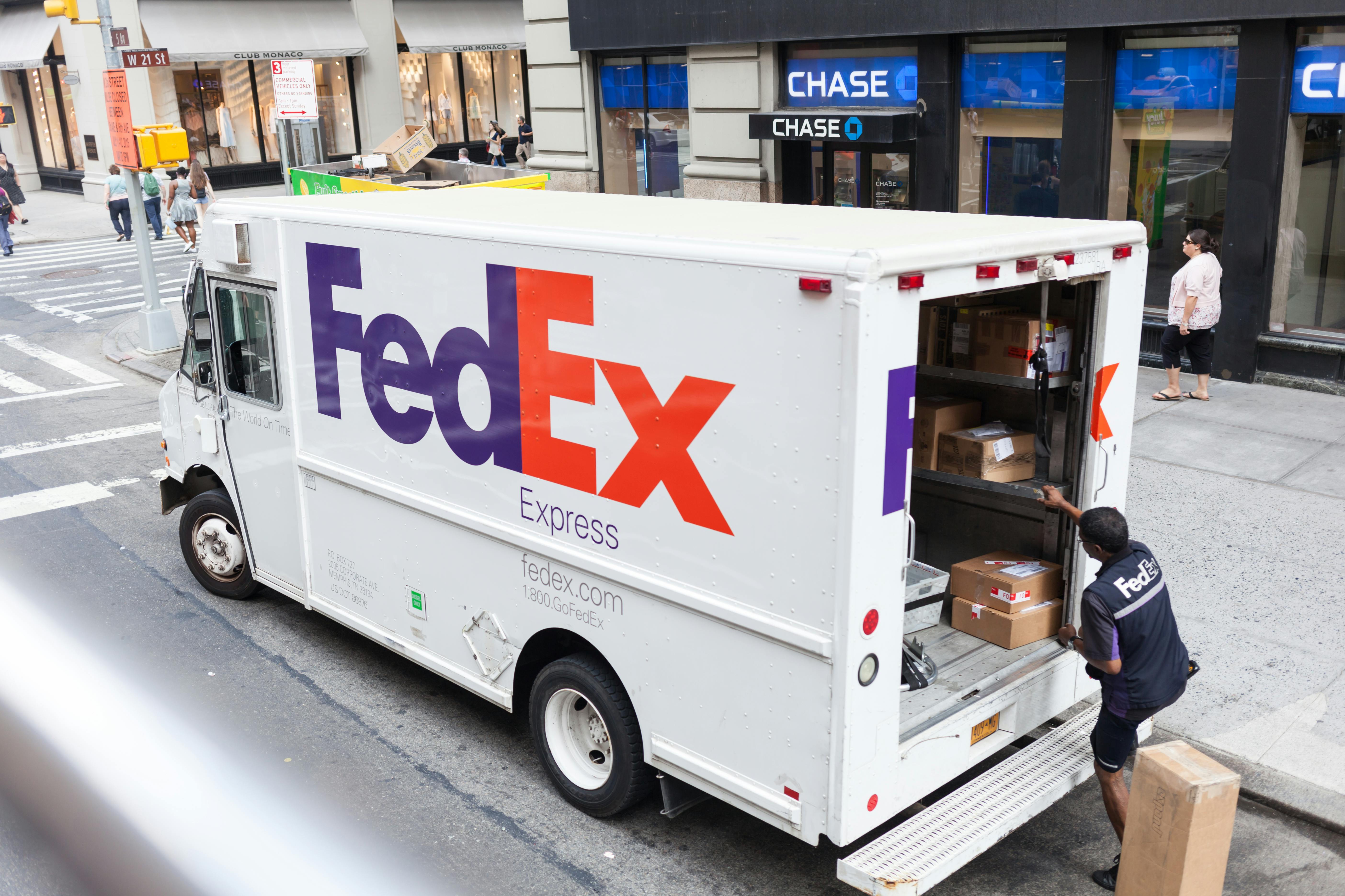 FedEx Express truck in midtown Manhattan.