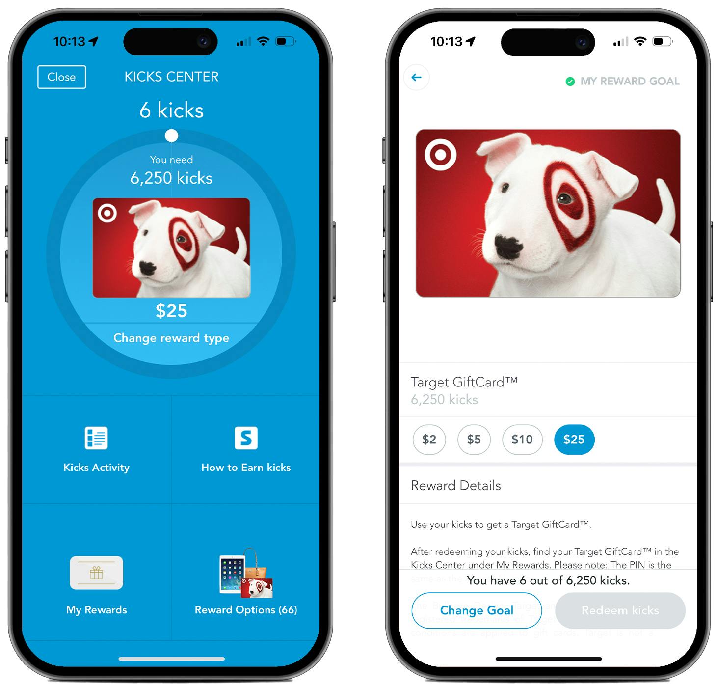 Two phones, one showing the Shopkick rewards main page and the other showing the different levels of gift card rewards for a Target gift card