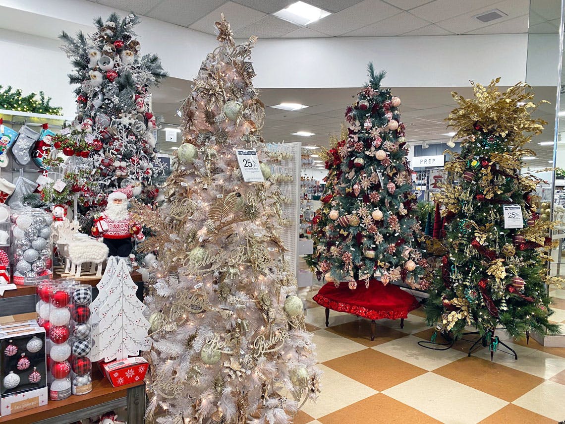 A Christmas tree display inside Macy's.