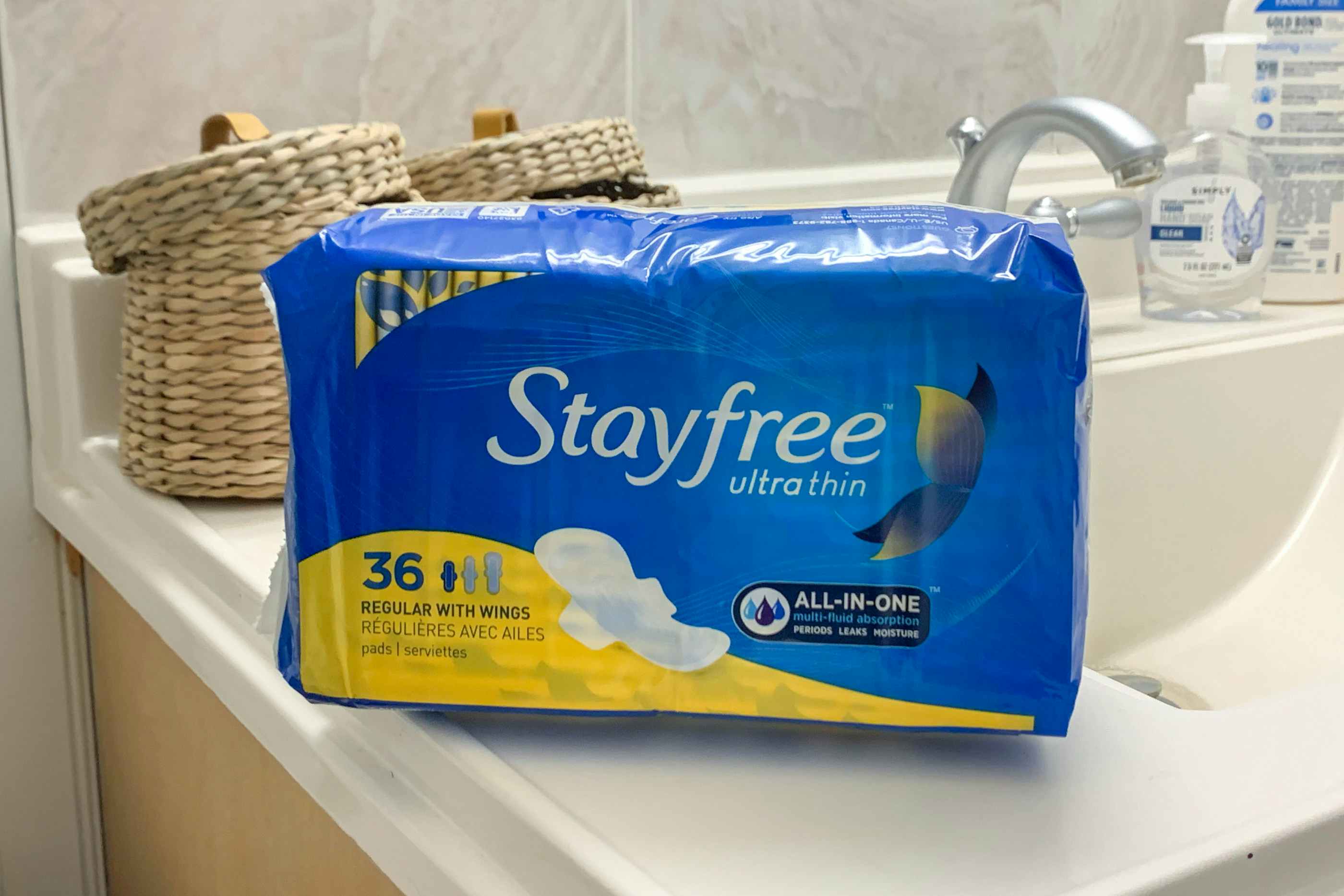 Stayfree pads in bathroom on the counter
