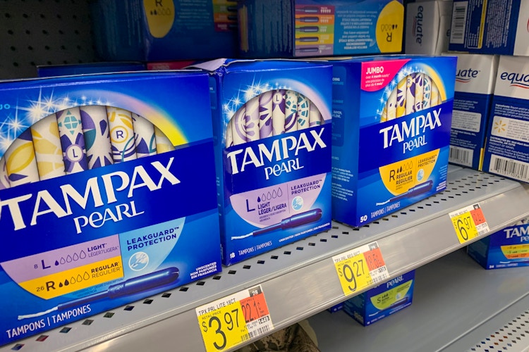 Tampax on the shelf in walmart