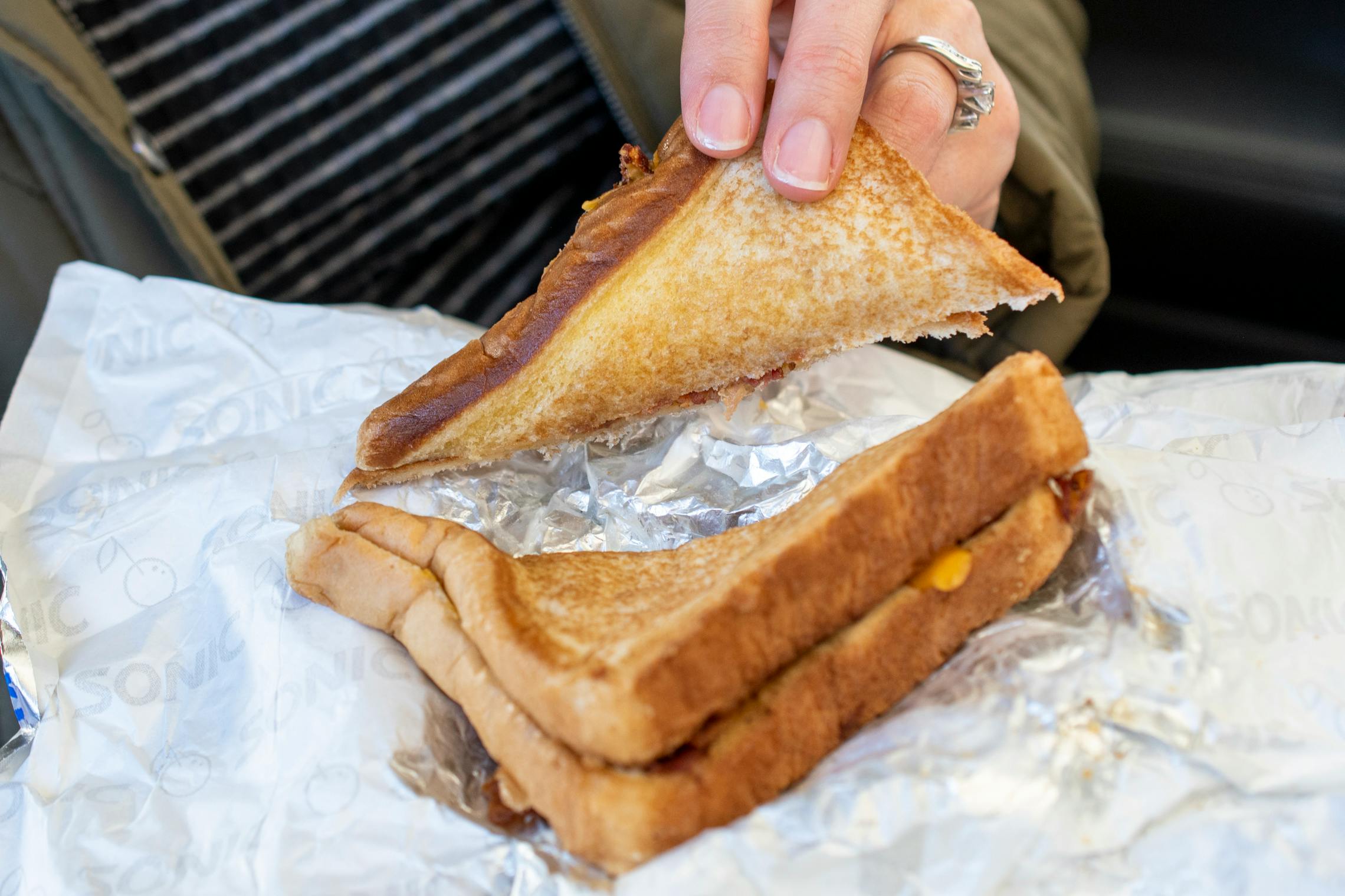 A close up of a Sonic grilled cheese sandwich
