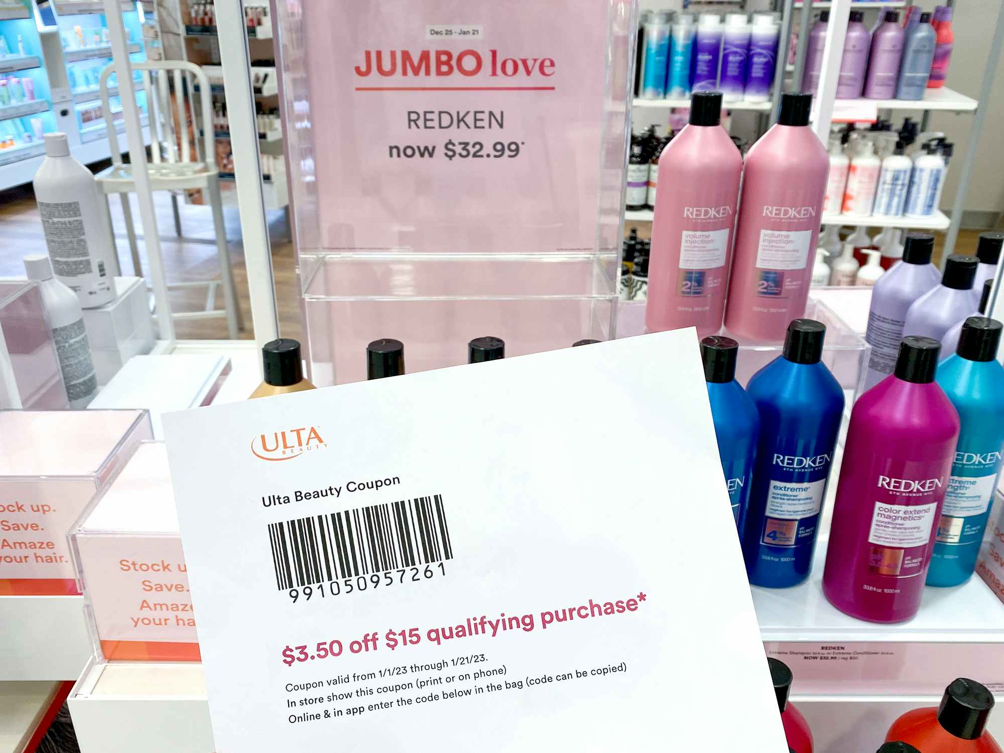 printed ulta coupon near jumbo love event signage and products 