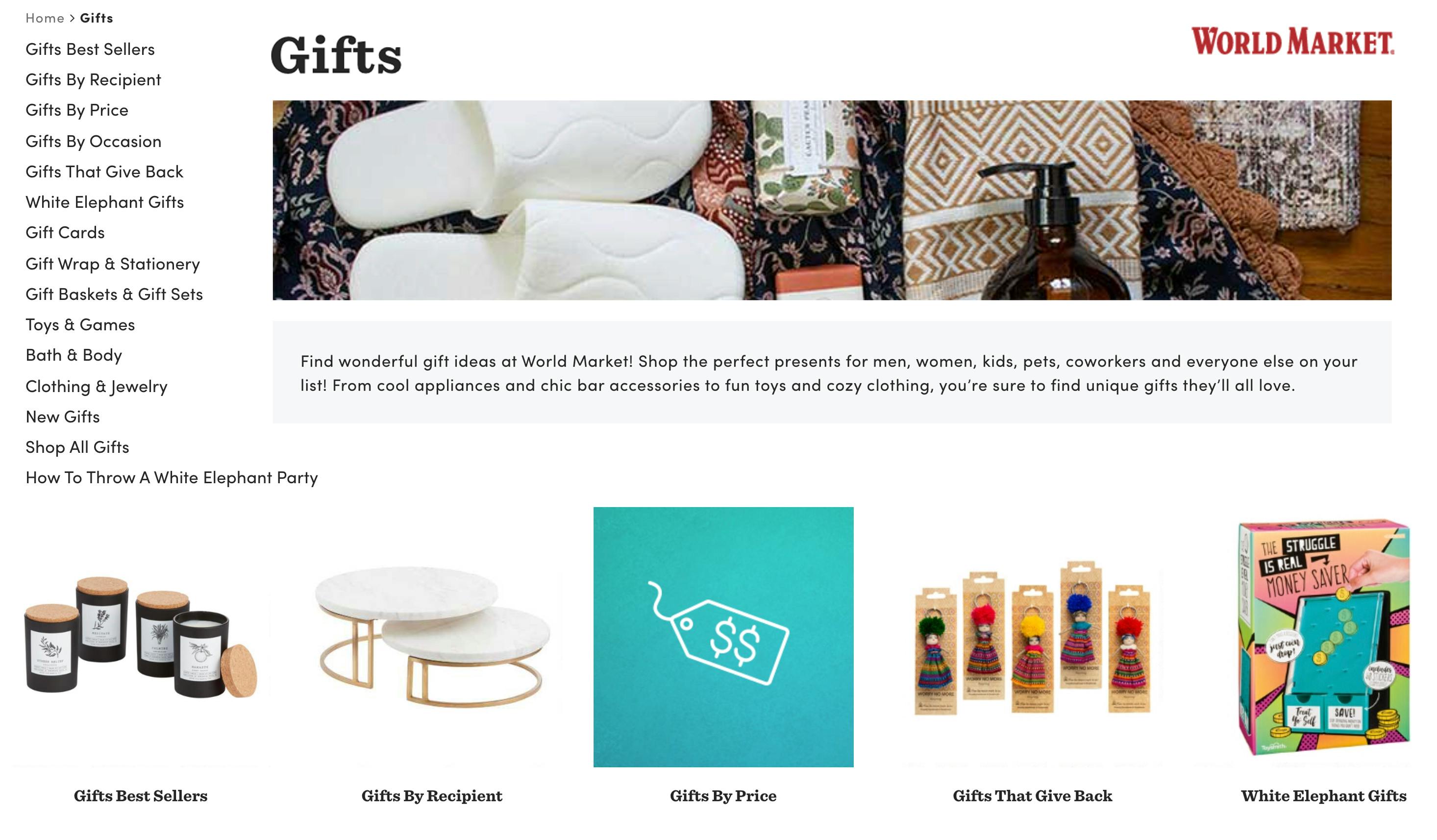 World Market holiday gift guide webpage screenshot