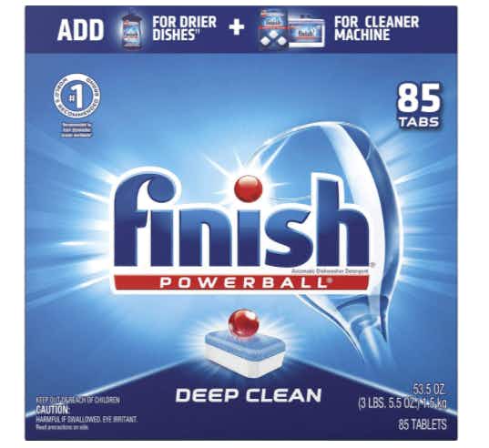 A package of Finish powerball dishwasher detergent tabs