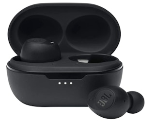 A pair of JBL wireless earbuds in a charging case.