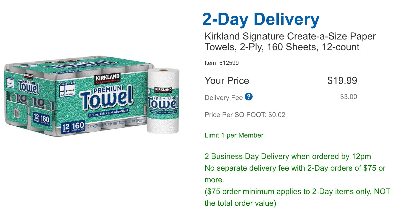 Kirkland Signature Paper Towels, 2-Ply, 160 Sheets, 12 Individually Wrapped  Rolls