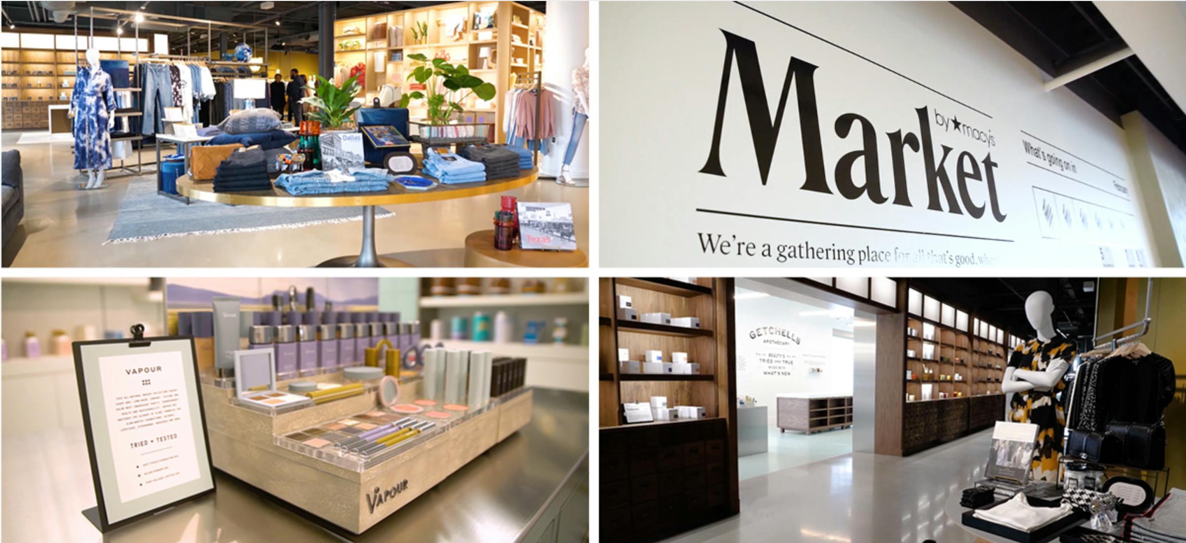 A four-photo collage of some inside views of a Market by Macy's store displays and sign.