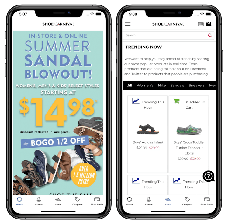 Screenshots of Shoe Carnival app