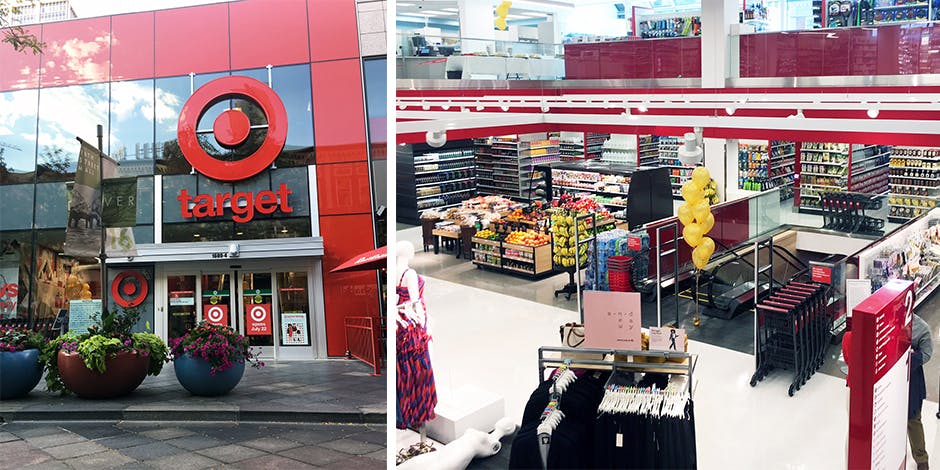 A small format Target storefront and an angled view of the checkout lanes inside.