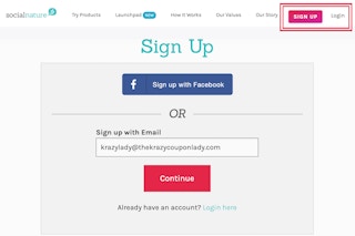 SocialNature sign up page on their website.