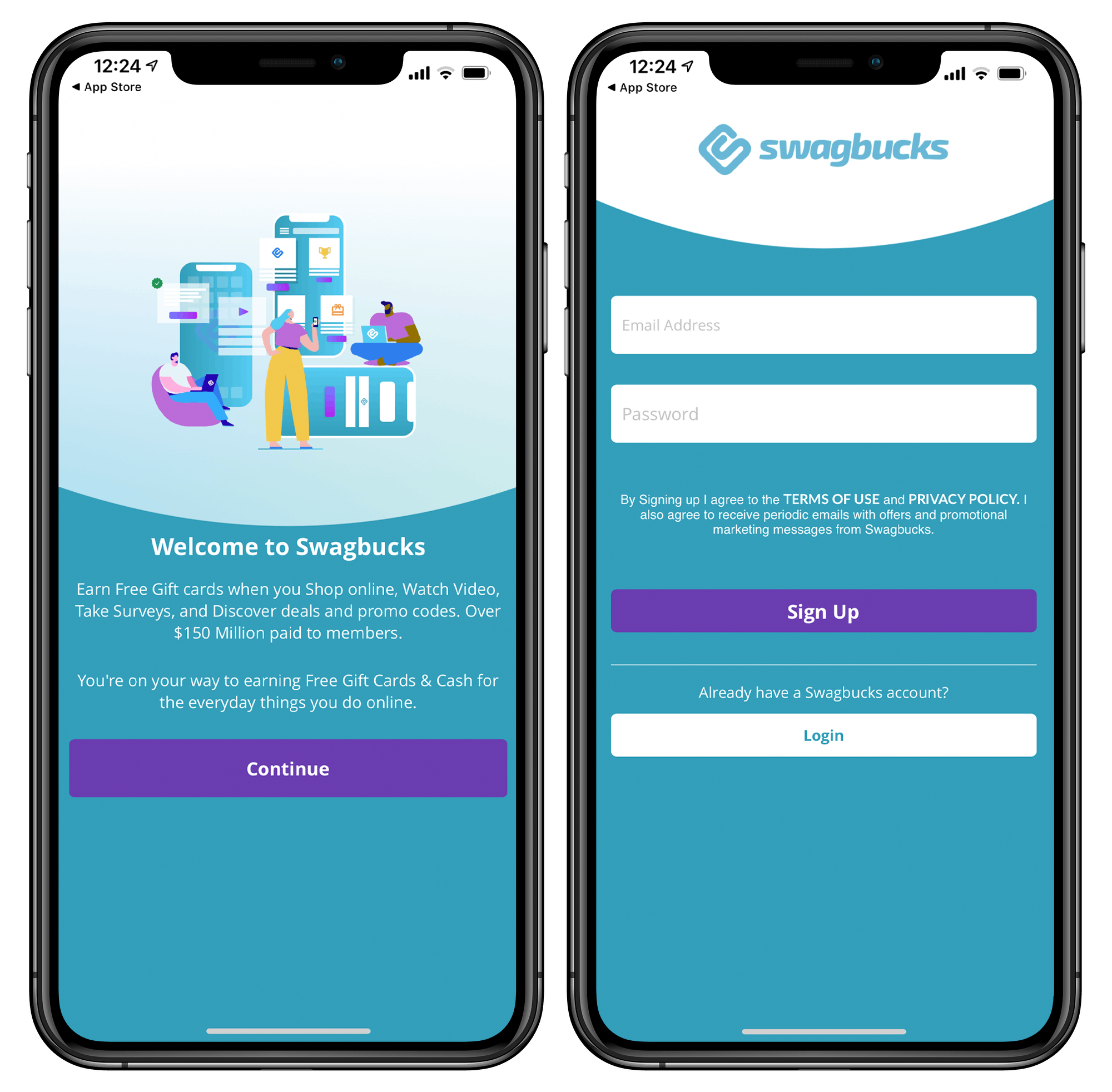 The welcome page and sign up page in the Swagbucks app.