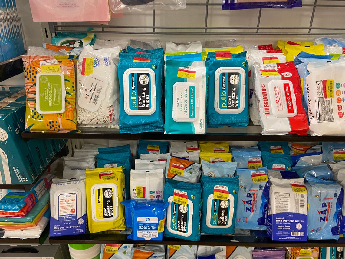 clearance hand sanitizing wipes displayed on tj maxx shelf