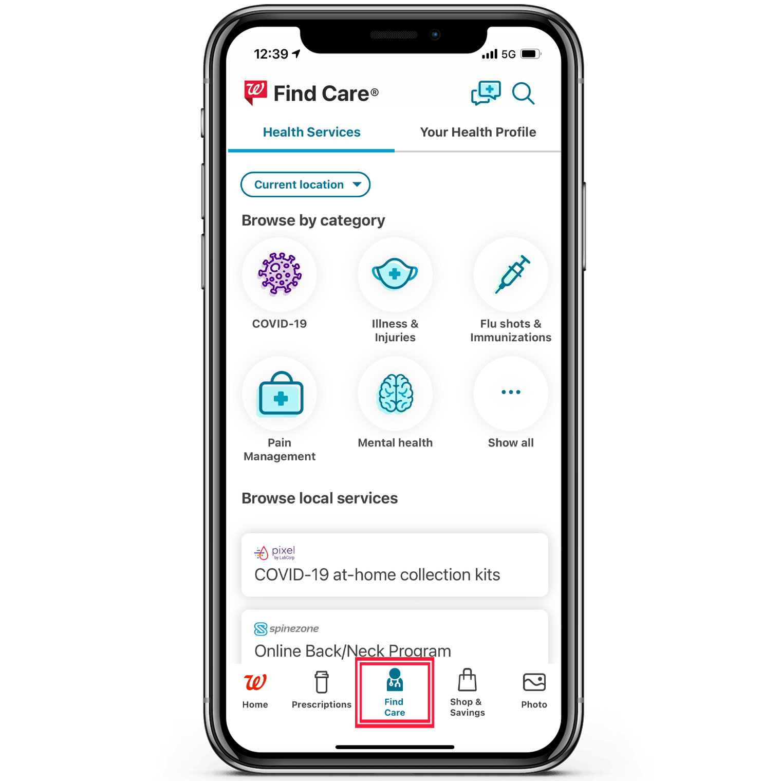 The Find Care section in the Walgreens app.