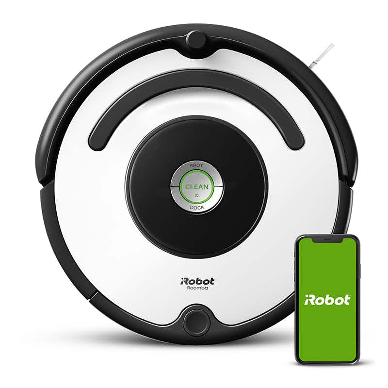 stock photo of irobot roomba robot vacuum with a smartphone super-imposed on the image showing the irobot app