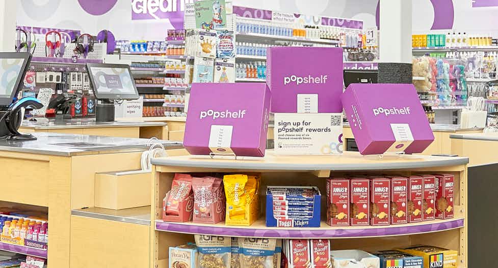 Popshelf product boxes on display in a store
