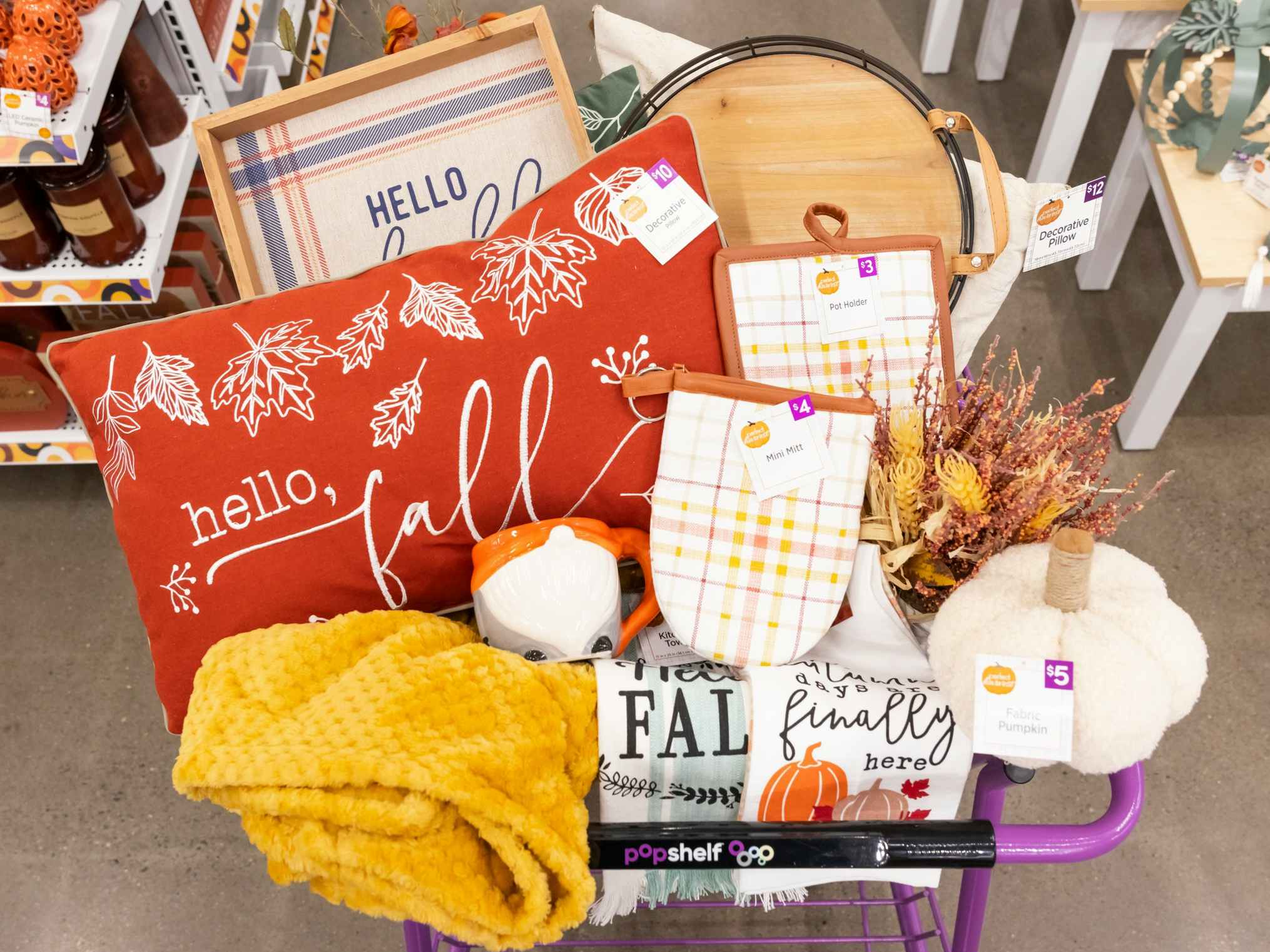 A Popshelf shopping cart filled with fall merchandise.