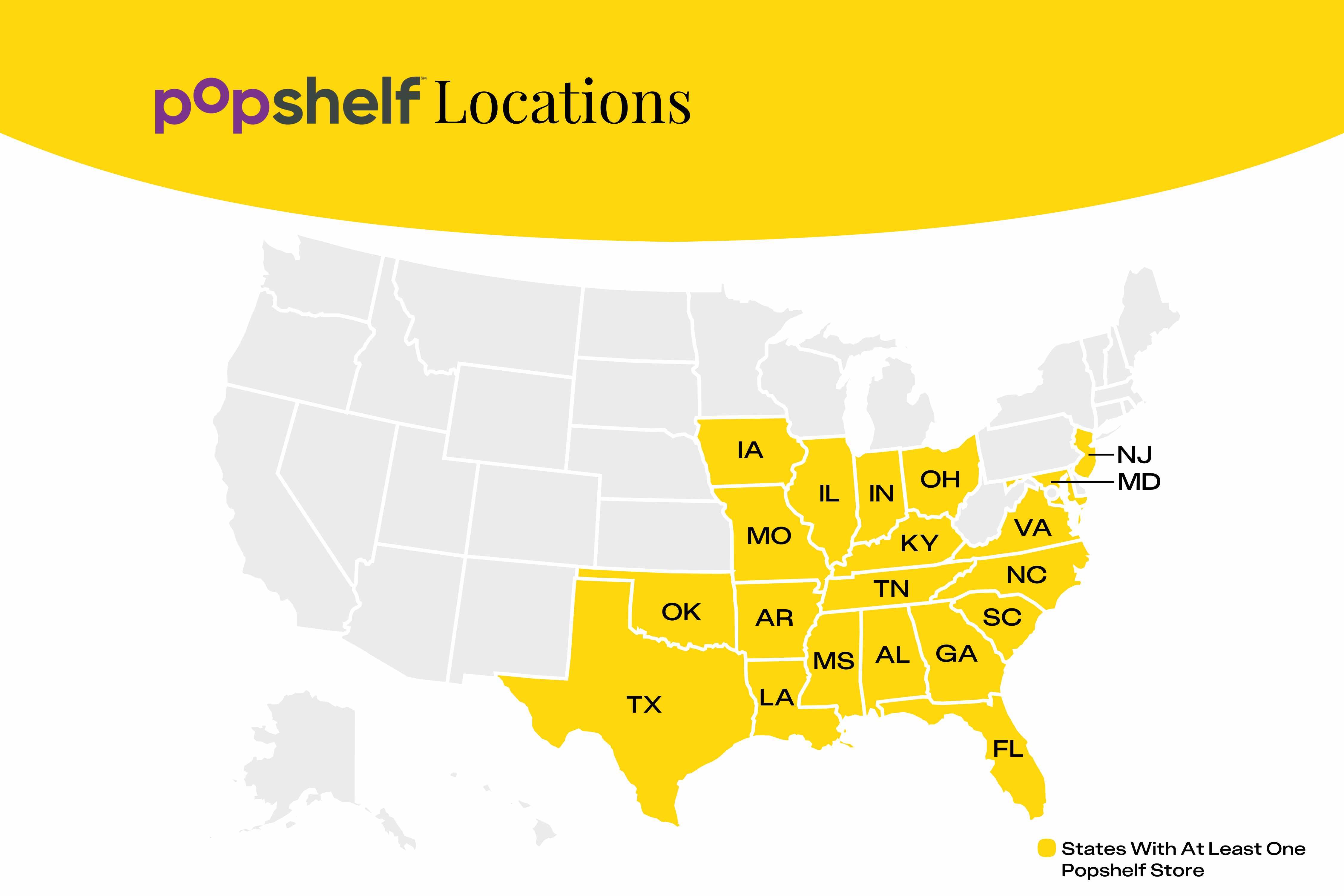 Map showing the 20 states with a Popshelf store location.