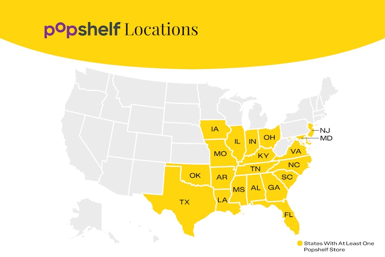 Map showing the 20 states with a Popshelf store location.