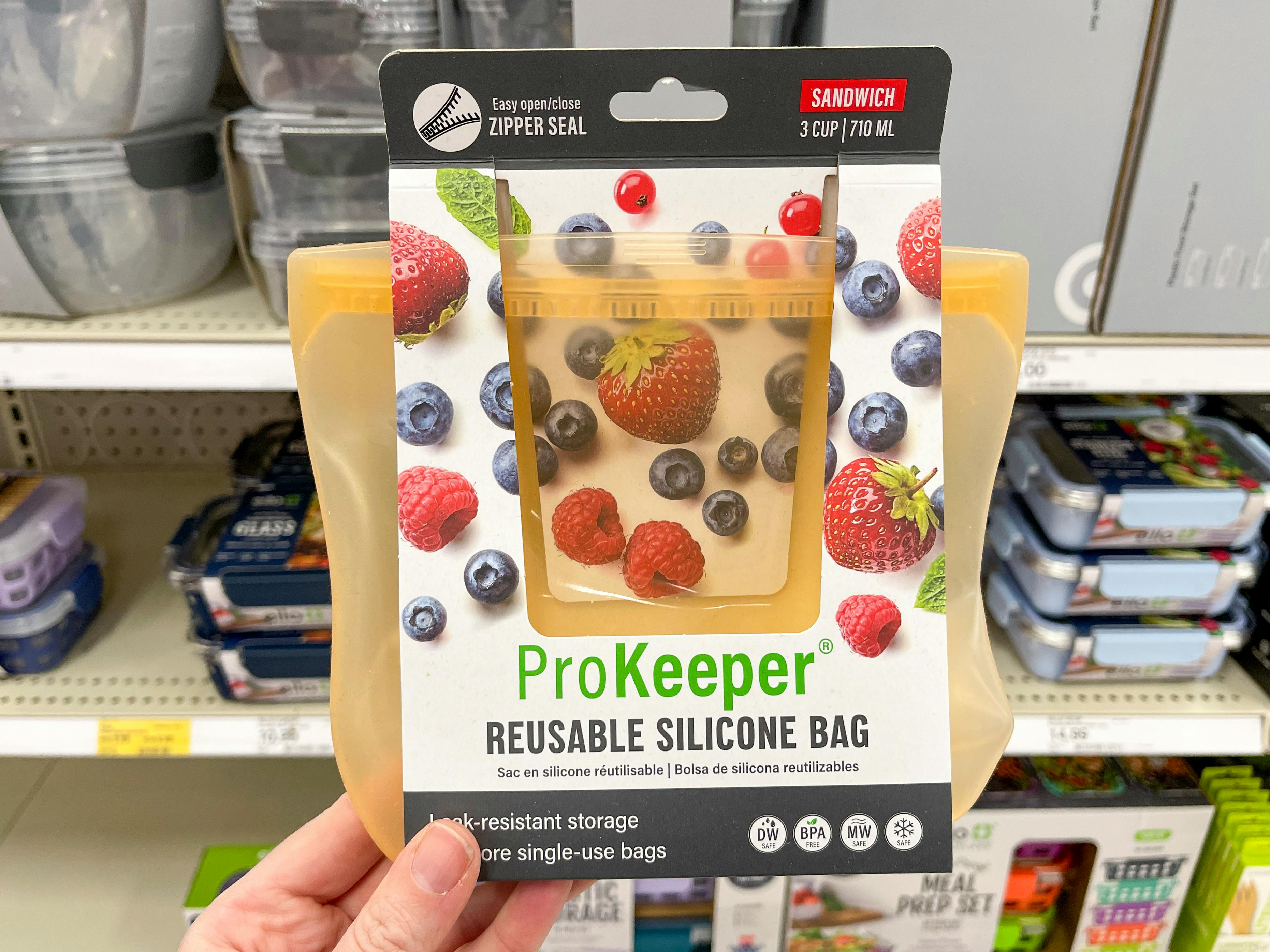 A person holding a ProKeeper reusable silicone reusable bag at Target