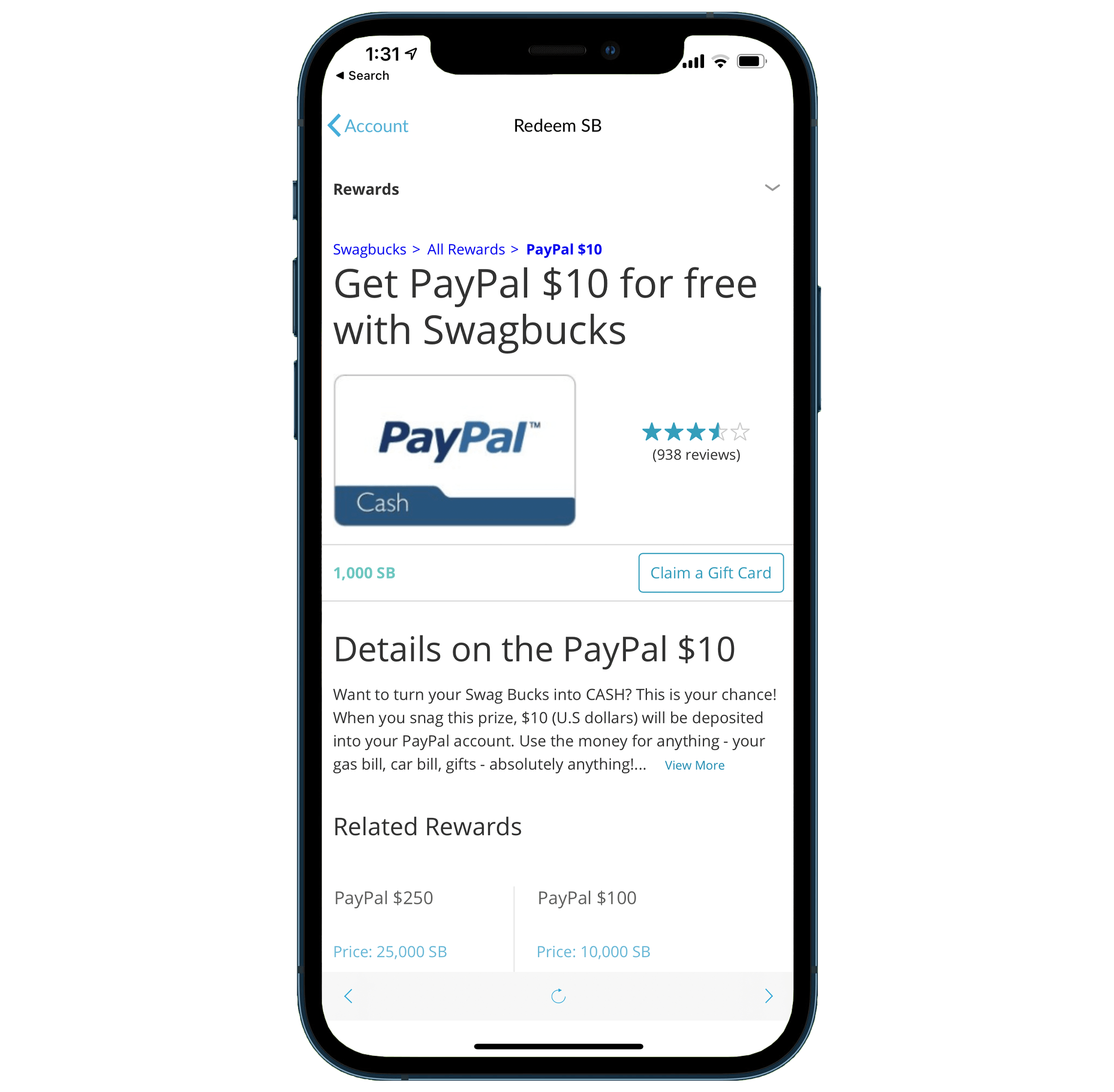 Swaybucks app, Paypal cash out page.