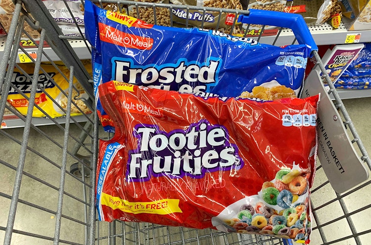 Two bags of Malt-o-Meal cereals in a shopping cart