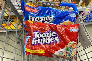 Two bags of Malt-o-Meal cereals in a shopping cart