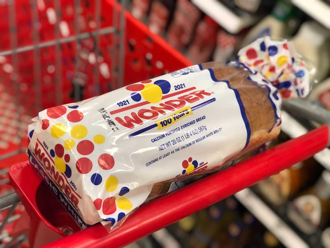 loaf of wonder bread in a target shopping cart