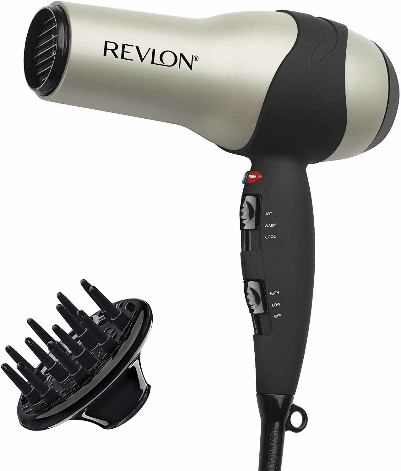 A Revlon hair dryer next to an attachment.