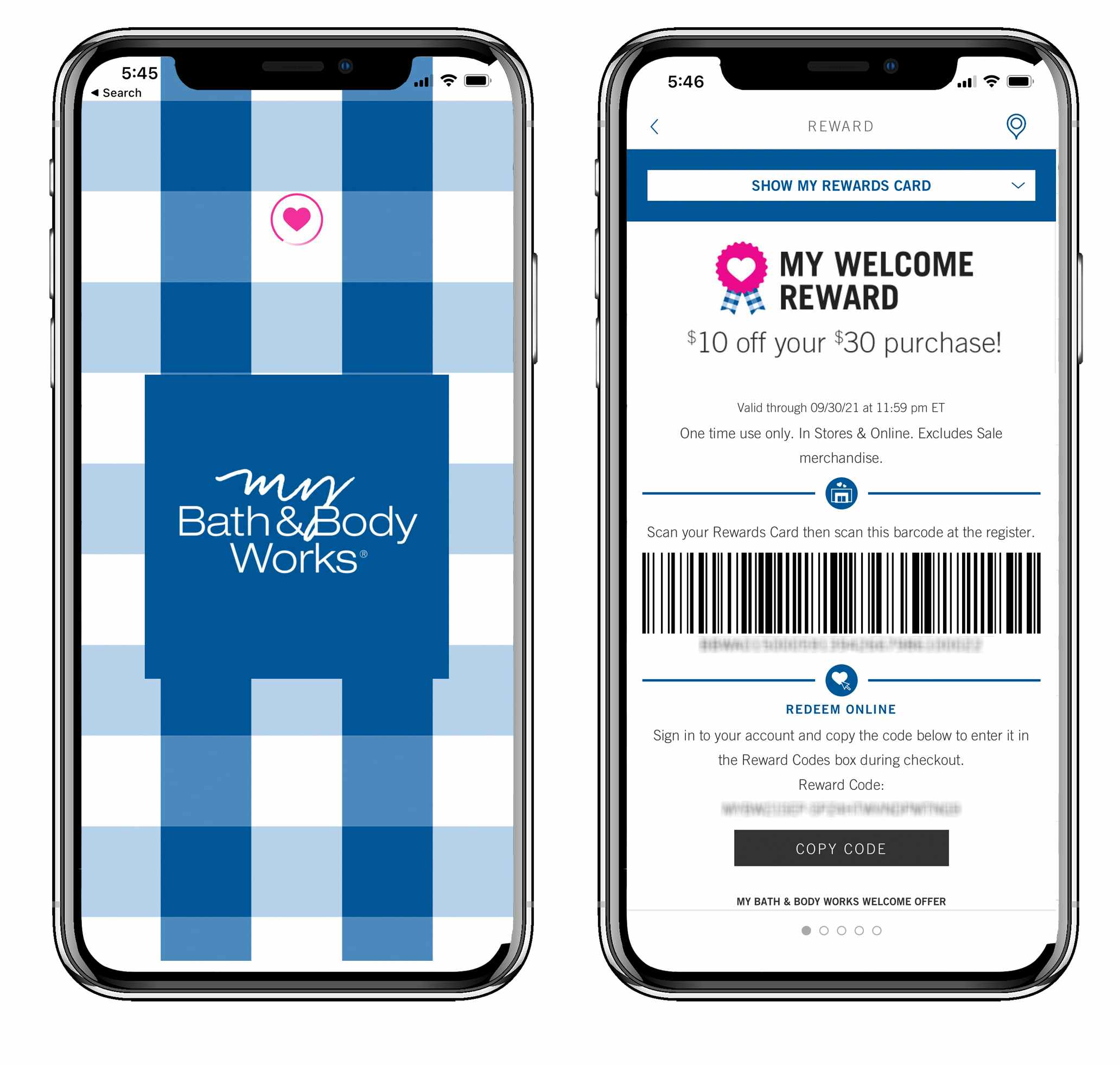 A graphic of two iPhones, one showing the My Bath & Body Works app start screen and the other showing a welcome reward coupon for $10 off $30 in the app.